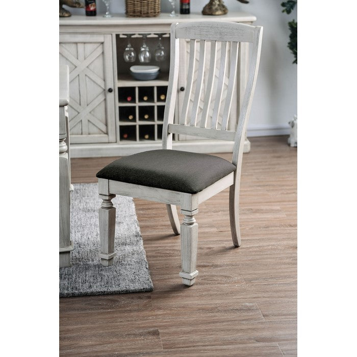 Wooden Side Chair with Fabric Upholstered Padded Seat, Pack of Two, Antique White and Gray