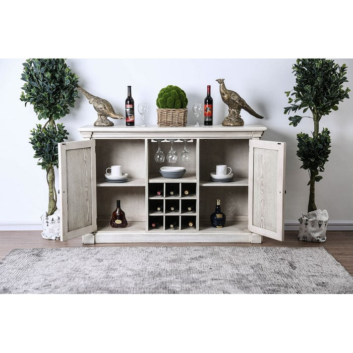 Wooden Server with Two Door Cabinet and Wine Bottle Rack, White