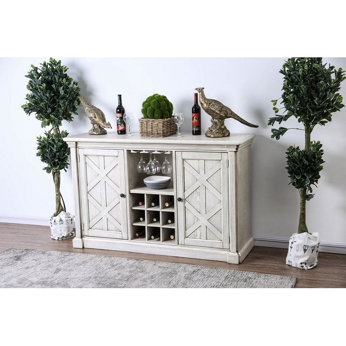 Wooden Server with Two Door Cabinet and Wine Bottle Rack, White