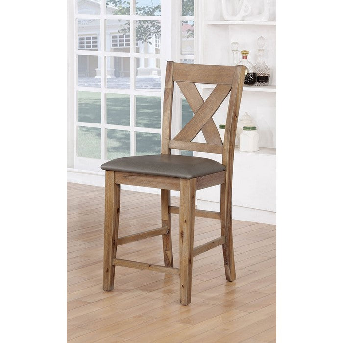 Solid Wood Counter Height Chair with X-Cross Back Design, Pack of Two, Brown and Gray