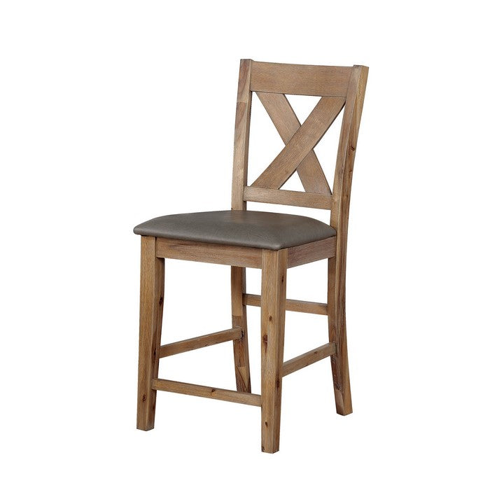 Solid Wood Counter Height Chair with X-Cross Back Design, Pack of Two, Brown and Gray