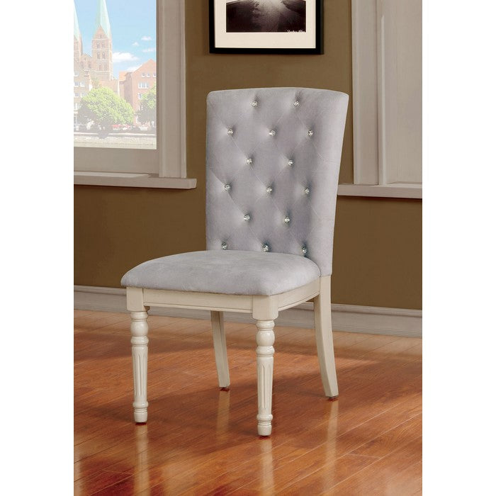 Button Tufted Fabric Upholstered Wooden Side Chair, Pack of Two, White and Gray