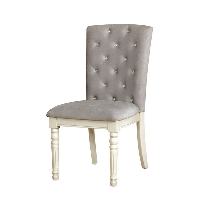 Button Tufted Fabric Upholstered Wooden Side Chair, Pack of Two, White and Gray