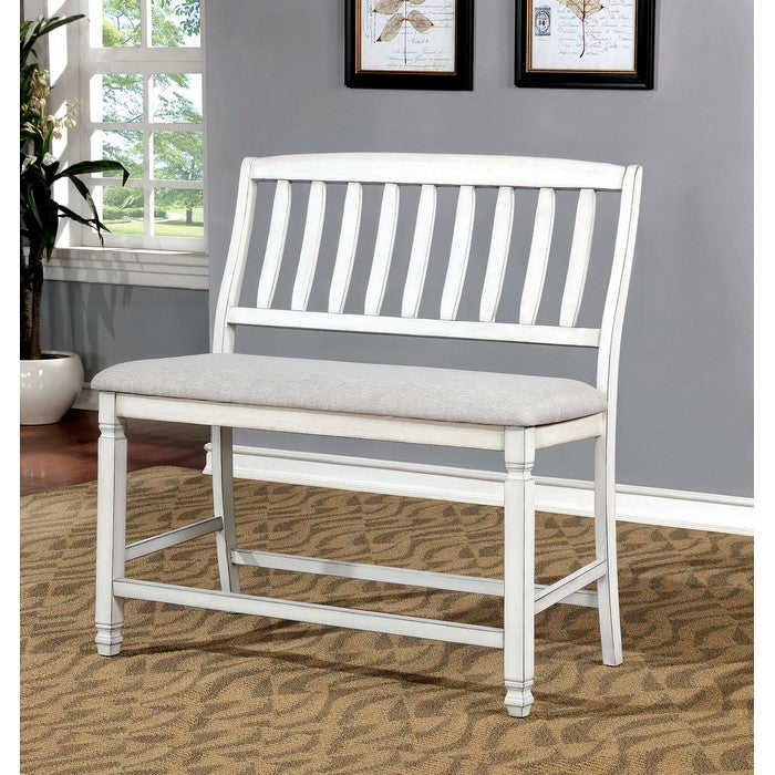 Fabric Upholstered Wooden Counter Height Bench with Slat Back, White