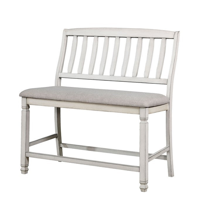 Fabric Upholstered Wooden Counter Height Bench with Slat Back, White