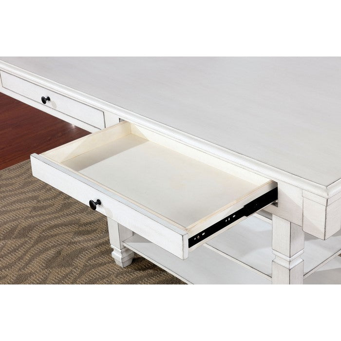 Solid Wood Counter Height Table with Drawers and Open Shelves, Antique White