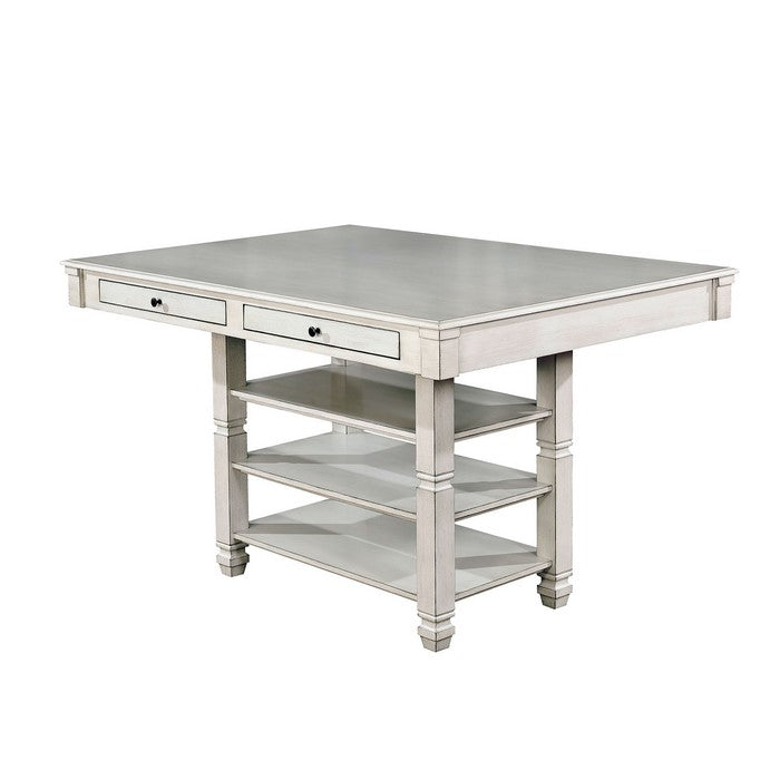 Solid Wood Counter Height Table with Drawers and Open Shelves, Antique White
