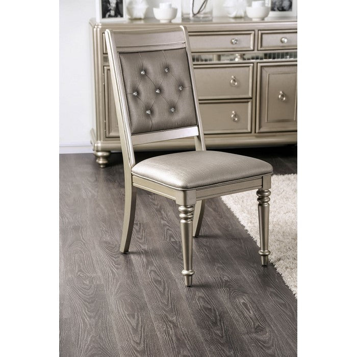Button Tufted Faux Leather Upholstered Wooden Side Chair, Pack of Two, Champagne Gold