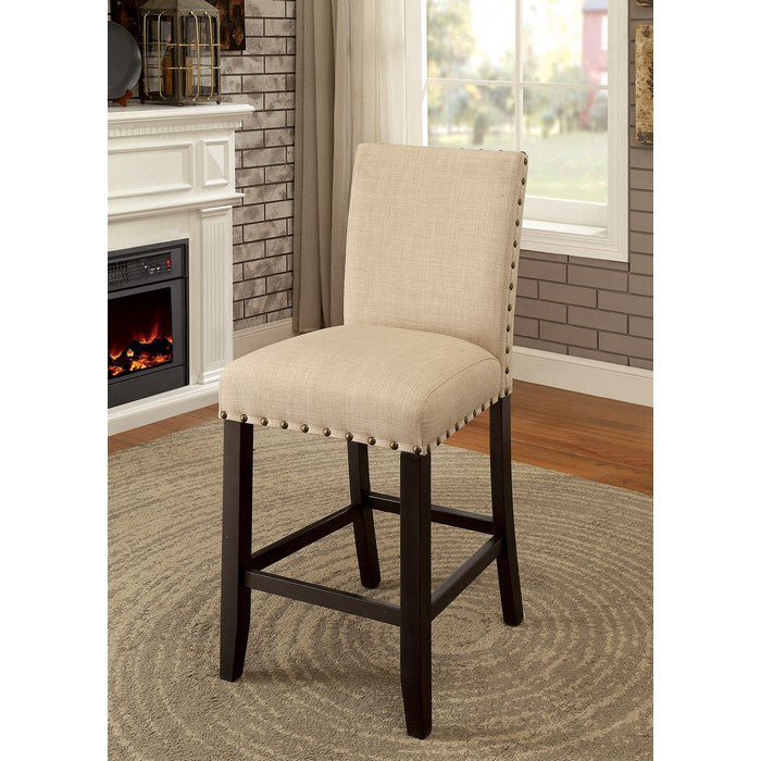 Fabric Upholstered Solid Wood Counter Height Chair with Nail Head Trim, Pack of Two, Beige and Brown