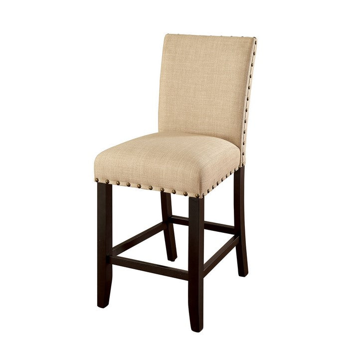 Fabric Upholstered Solid Wood Counter Height Chair with Nail Head Trim, Pack of Two, Beige and Brown