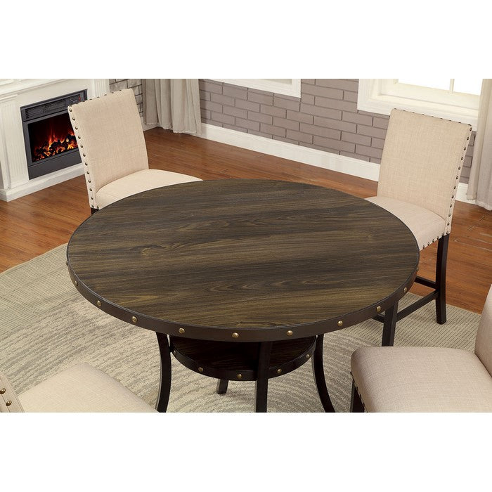Solid Wood and Metal Counter Height Table With Lower Shelf, Light Walnut Brown