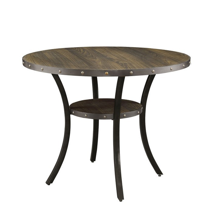 Solid Wood and Metal Counter Height Table With Lower Shelf, Light Walnut Brown