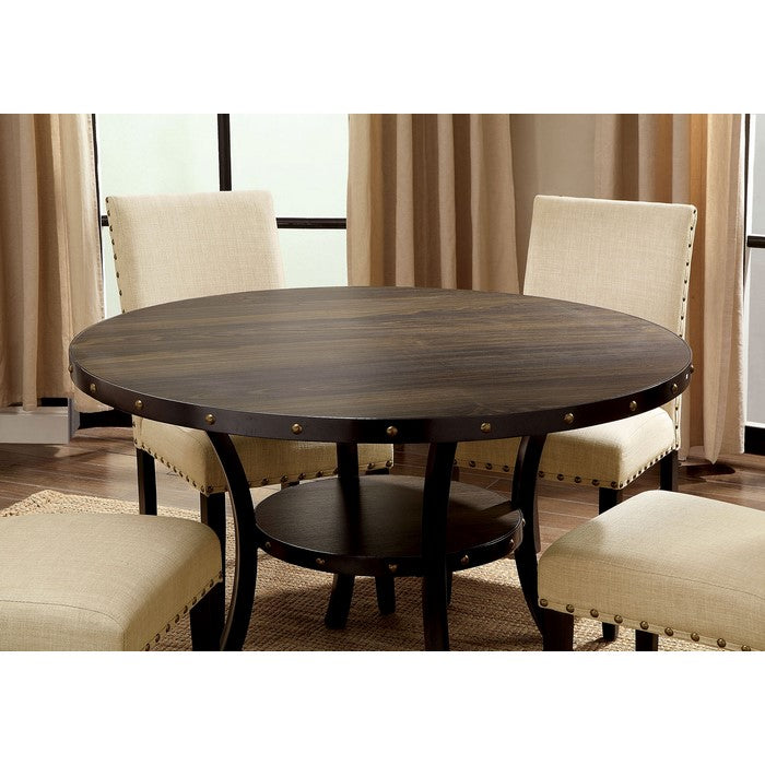 Solid Wood and Metal Round Dining Table With Lower Shelf, Light Walnut Brown