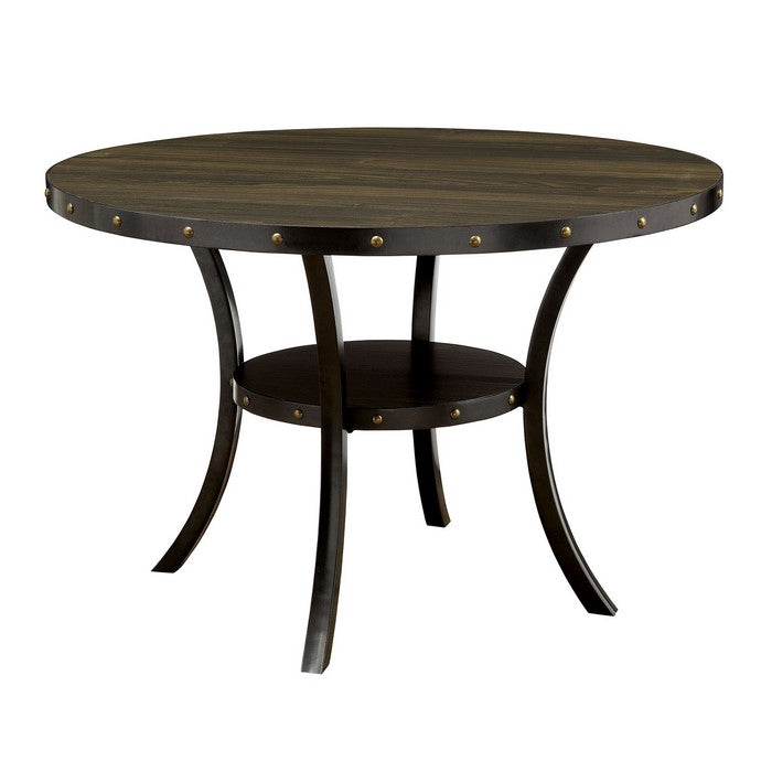 Solid Wood and Metal Round Dining Table With Lower Shelf, Light Walnut Brown