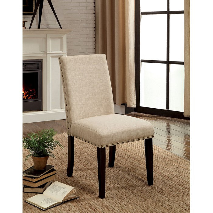 Fabric Upholstered Solid Wood Side Chair with Nail Head Trim, Pack of Two, Beige and Brown