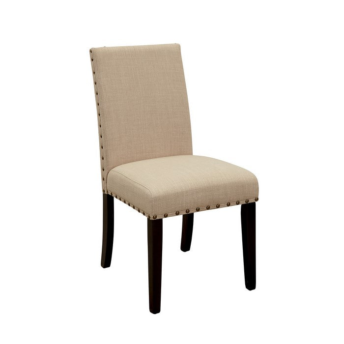 Fabric Upholstered Solid Wood Side Chair with Nail Head Trim, Pack of Two, Beige and Brown