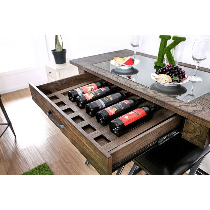 Wood and Metal Bar Table With Storage Drawer and Inserted Glass, Gray and Brown