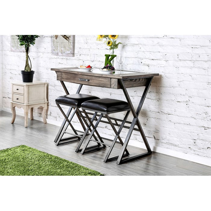 Wood and Metal Bar Table With Storage Drawer and Inserted Glass, Gray and Brown