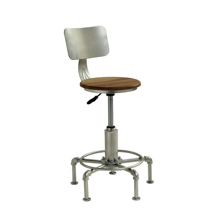 Metal Frame Adjustable Side Chair with Round Wooden Seat, Silver and Brown