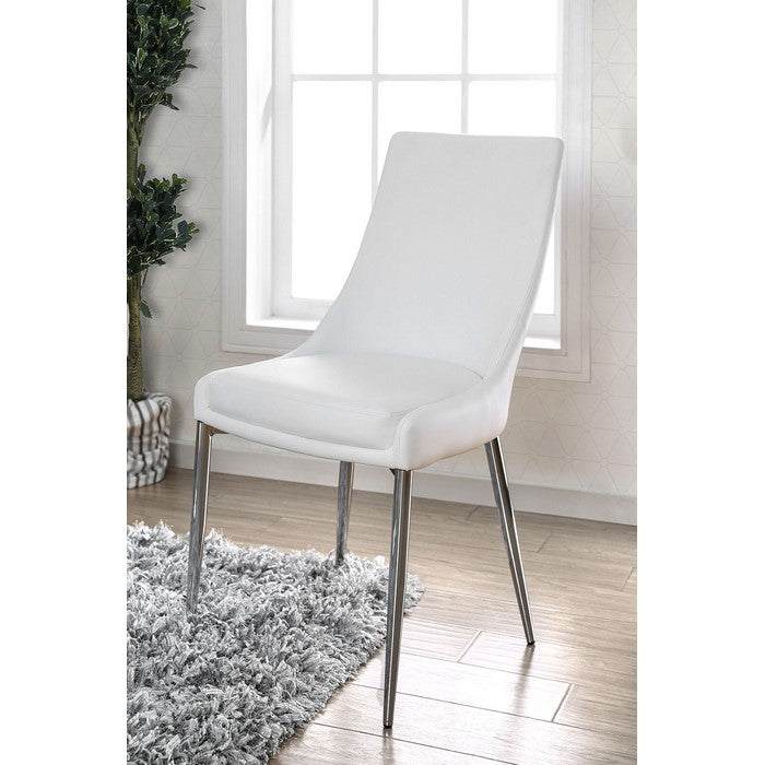 Leatherette Upholstered Metal Side Chair with Tapered Legs, Pack of Two, White and Silver
