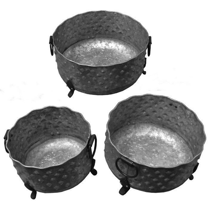 Three Piece Round Metal Planters With Uneven Mouth, Gray