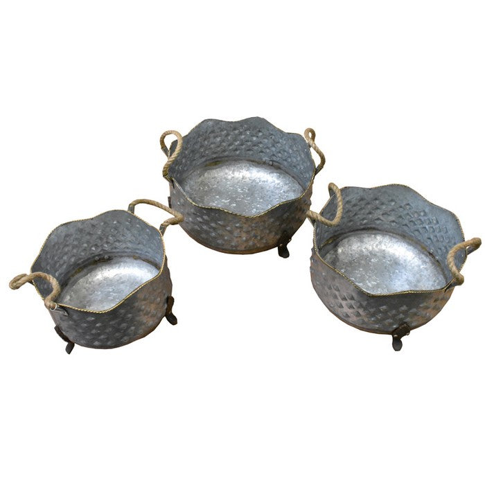 Three Piece Wavy Mouth Metal Planters With Rope Handles, Gray