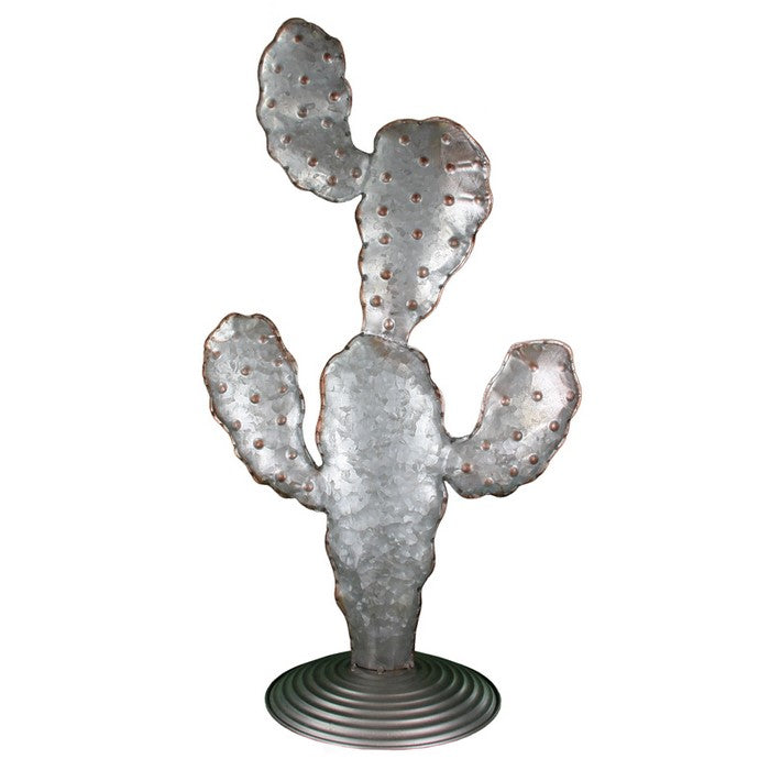 Cactus Shaped MetalDecoration Piece With Round Stand Base, Gray