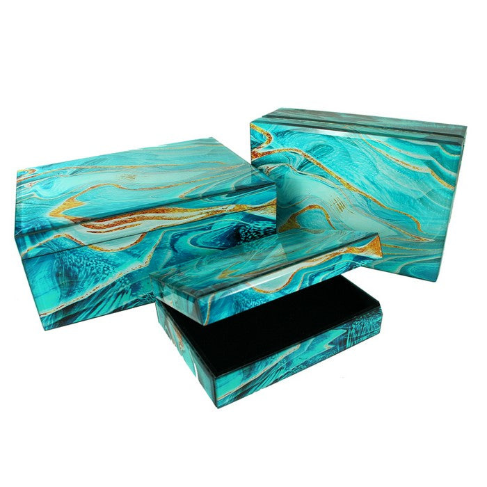 Three Piece MarbleizedDecorative Rectangular Glass Box, Assortment Of Two, Blue