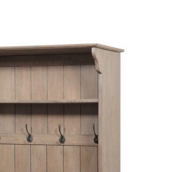 Wooden Frame Hall Tree with 4 Hooks and 2 Open Compartments, Beige
