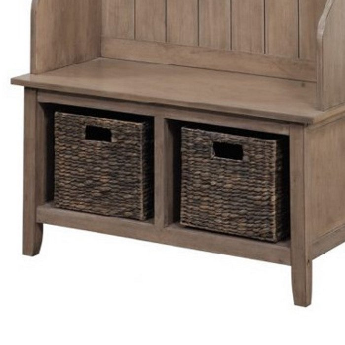 Wooden Frame Hall Tree with 4 Hooks and 2 Open Compartments, Beige