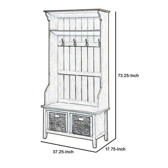 Wooden Frame Hall Tree with 4 Hooks and 2 Open Compartments, Beige