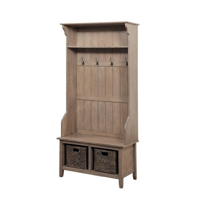 Wooden Frame Hall Tree with 4 Hooks and 2 Open Compartments, Beige