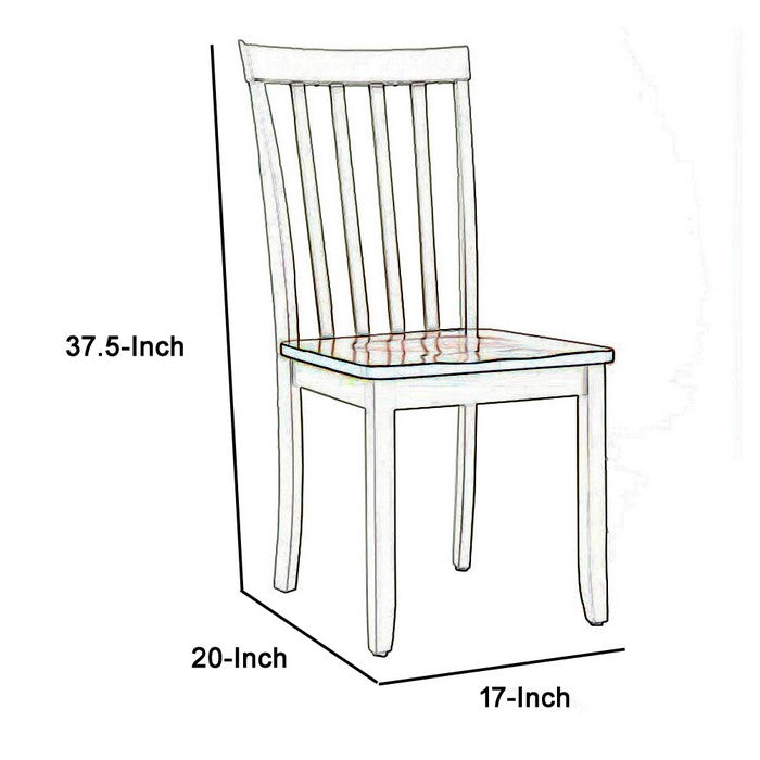 Wooden Seat Dining Chair with Slatted Backrest, Set of 2, Brown and White