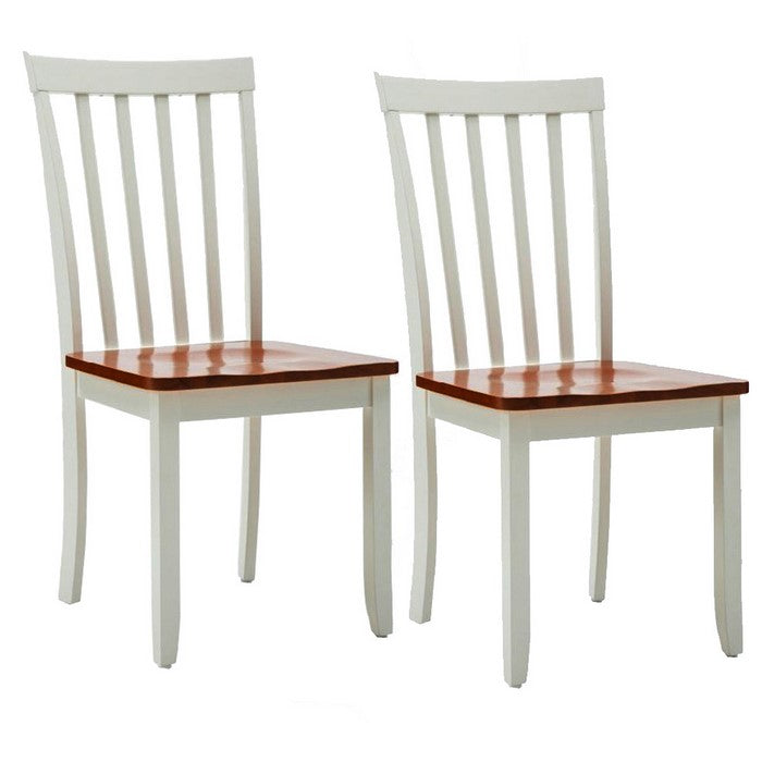 Wooden Seat Dining Chair with Slatted Backrest, Set of 2, Brown and White