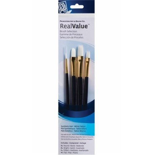 Princeton Art & Brush Real Value Synthetic Brush Set, Round Size 1, Bright Size 4, Filbert Size 4, Flat Size 6, White Taklon