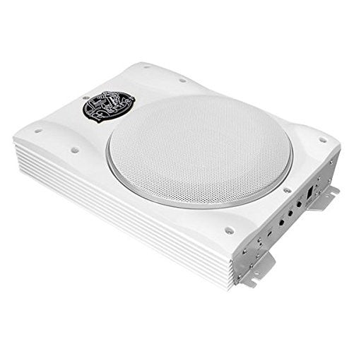 Low Profile Marine Subwoofer System - 1000 Watt 8 Inch Slim Active Waterproof Amplified Bass Speaker - Underseat Mount Audio Sound Amplifier Box For Small Boat, Marine Vehicles - Lanzar AQTB8 (White)