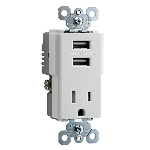 Combo Wall USB Charger Tamper Resistant Receptacle Outlet 2 Built-in USB Ports White