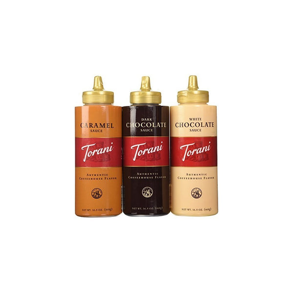 Torani Sauce 3 Pack Chocolate, Caramel, White Chocolate 16.5 Oz with NEW Packaging