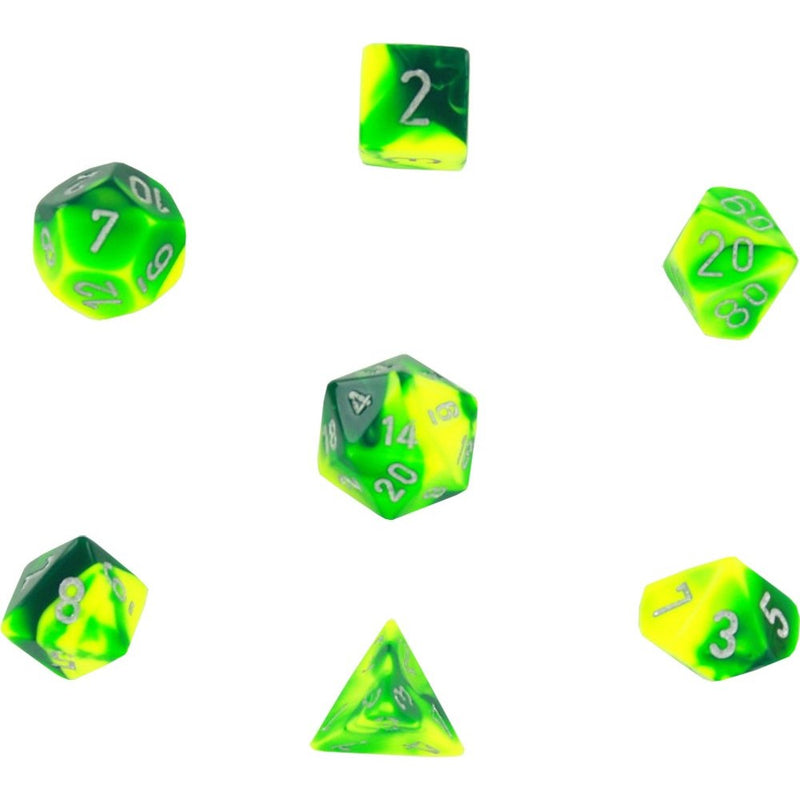 Polyhedral 7-Die Gemini Dice Set: Green & Yellow with Silver (d4, d6, d8, d10, d12, d20 & d00)