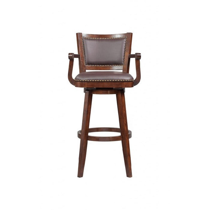 Nailhead Trim Faux Leather Upholstered Barstool with Wooden Arms, Dark Brown