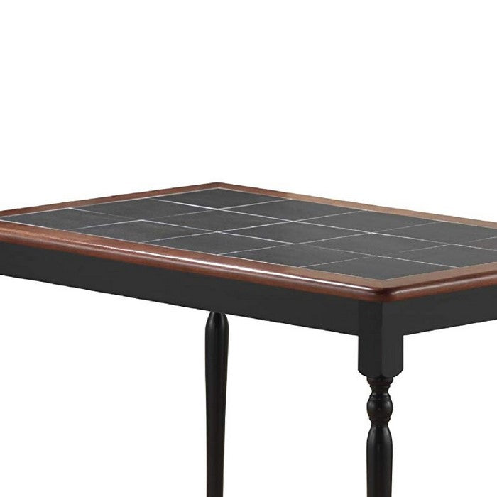 Rectangular Ceramic Tile Top Dining Table with Turned Legs, Black and Brown