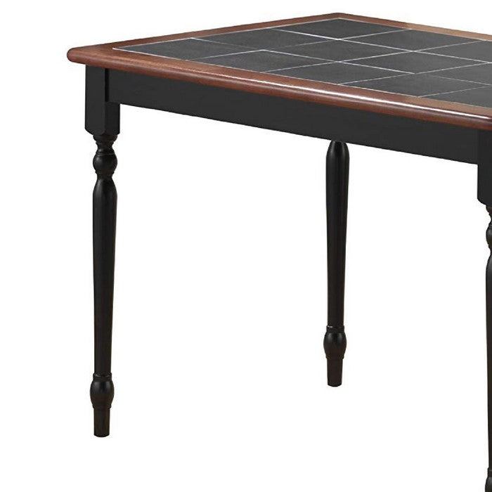 Rectangular Ceramic Tile Top Dining Table with Turned Legs, Black and Brown