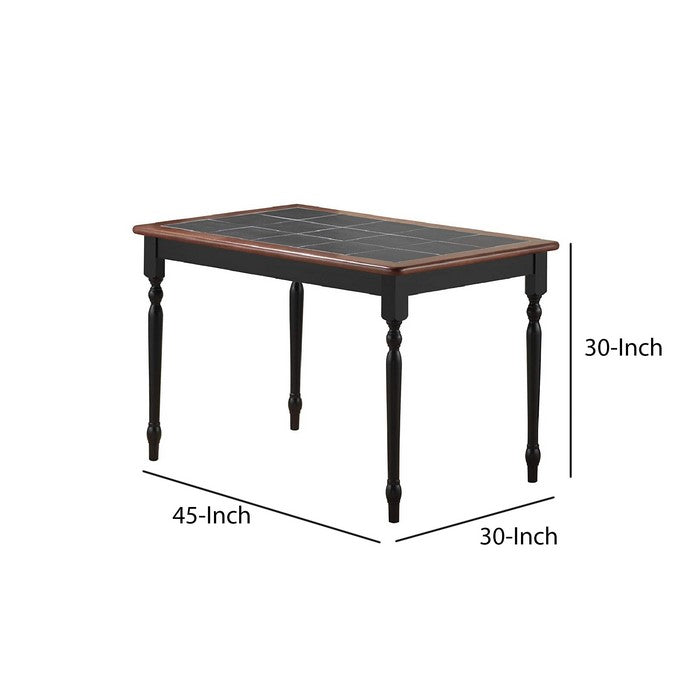 Rectangular Ceramic Tile Top Dining Table with Turned Legs, Black and Brown