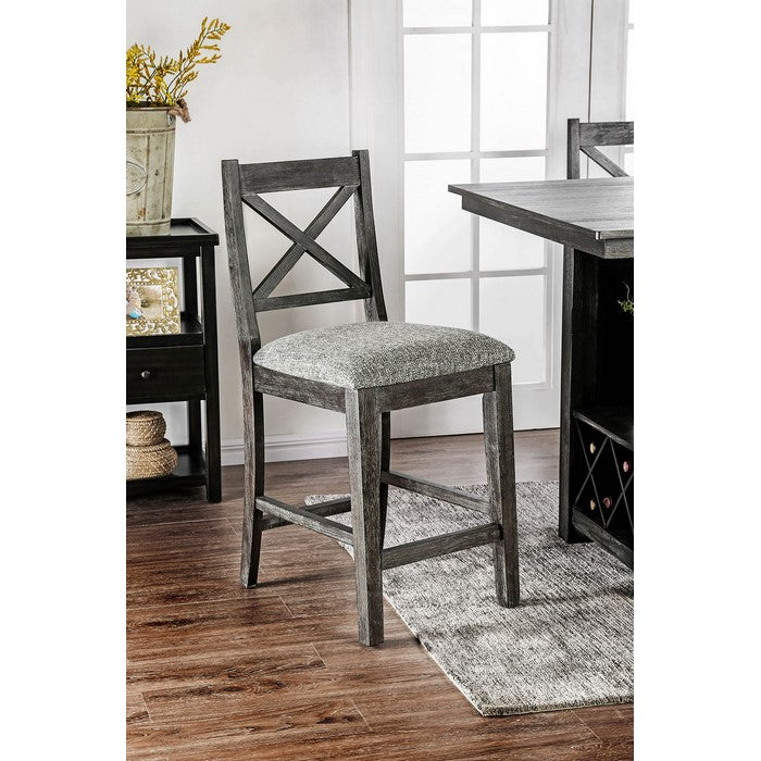 Fabric Upholstered Wooden Counter Height Chair with X Cross Back, Gray, Pack of Two