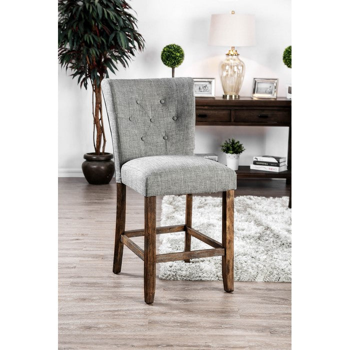 Linen like Fabric Upholstered Solid Wood Counter Height Chair, Gray and Brown, Pack of Two