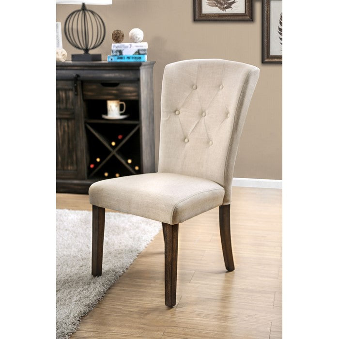 Linen like Fabric Upholstered Solid Wood Side Chair, Cream and Brown, Pack of Two