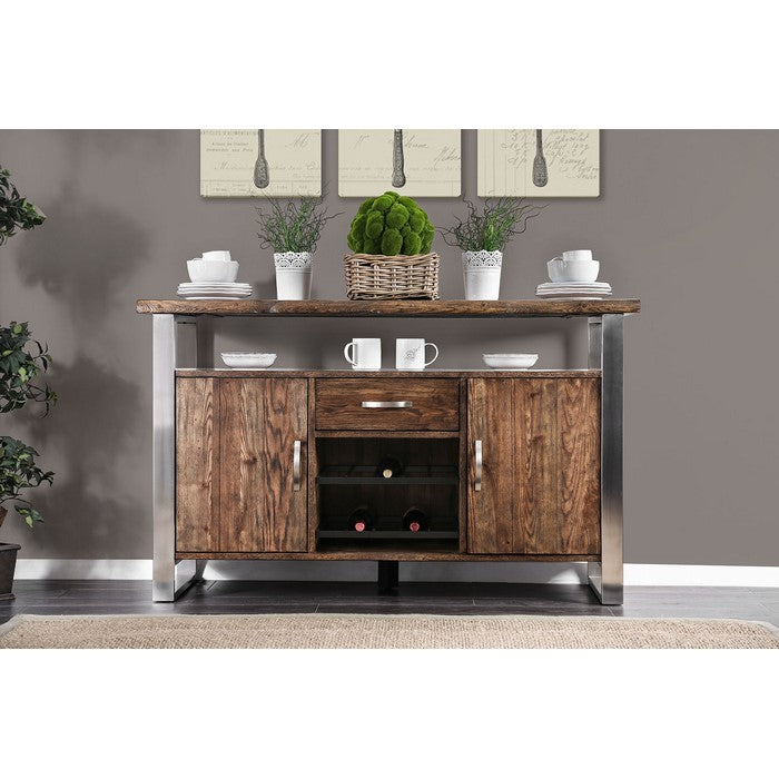 Metal Frame Wooden Server with Two Cabinets and One Drawer, Oak Brown