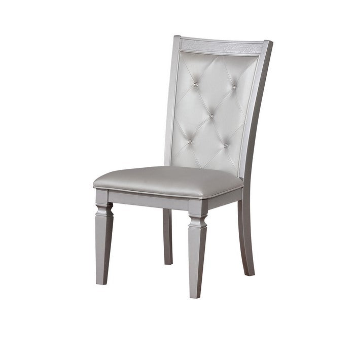 Button Tufted Leather Upholstered Side Chair, Silver, Pack Of Two
