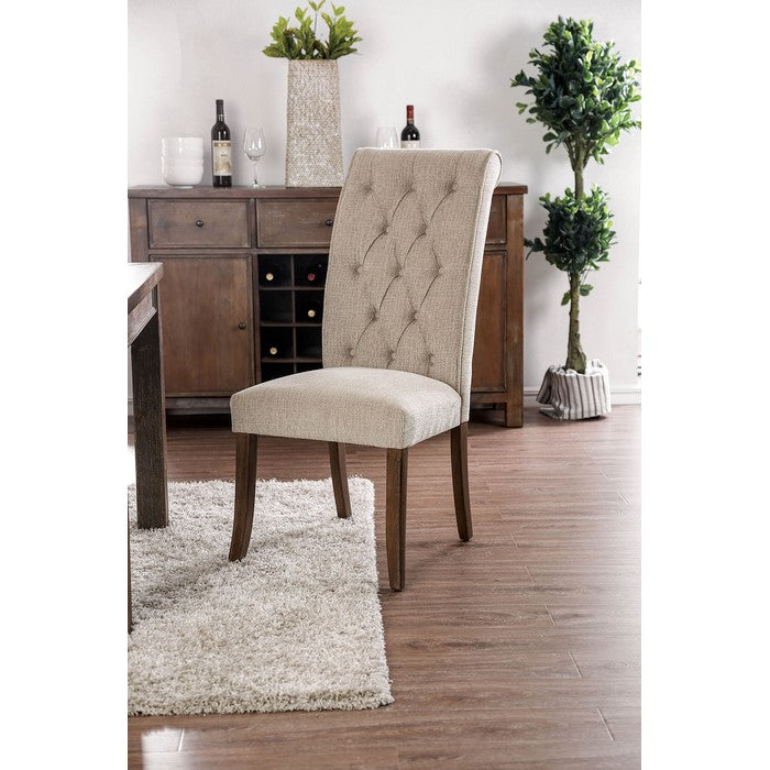 Wooden Fabric Upholstered Side Chair, Ivory And Brown, Pack Of Two