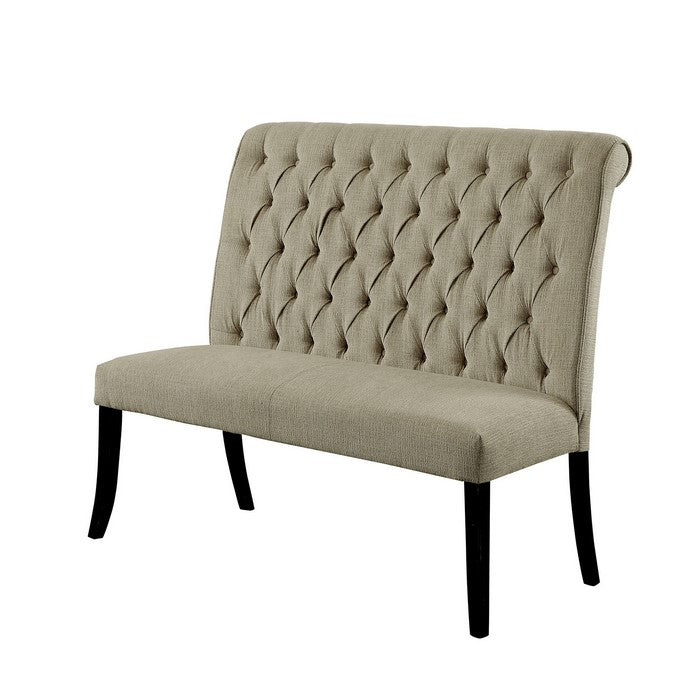 Button Tufted Fabric Upholstered Wooden Love Seat Bench, Beige and Black